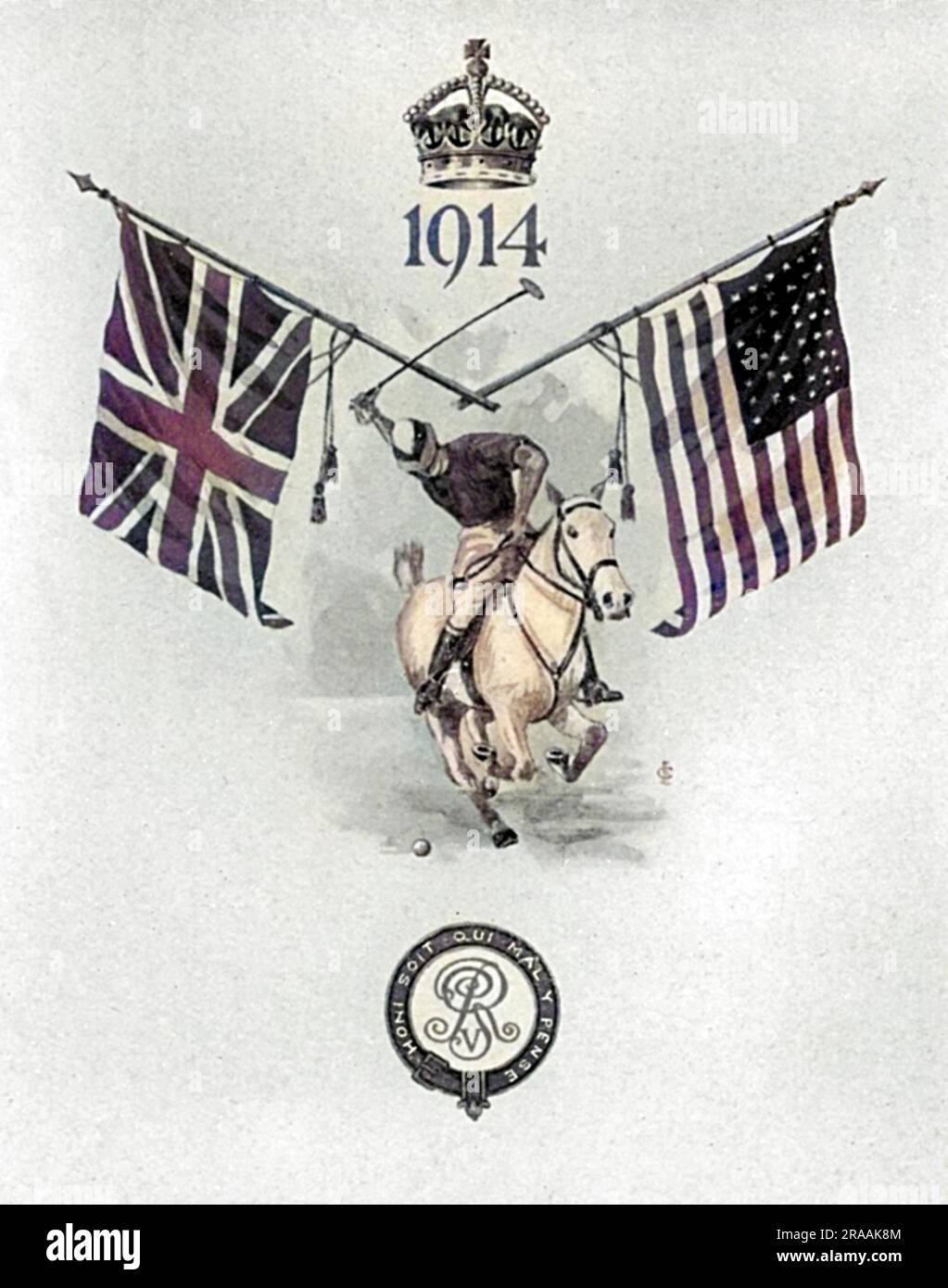 The menu card at the dinner given by King George V at Buckingham Palace to the England polo team after they had won the International Polo Trophy - or Westchester Cup - from America in 1914.     Date: 1914 Stock Photo