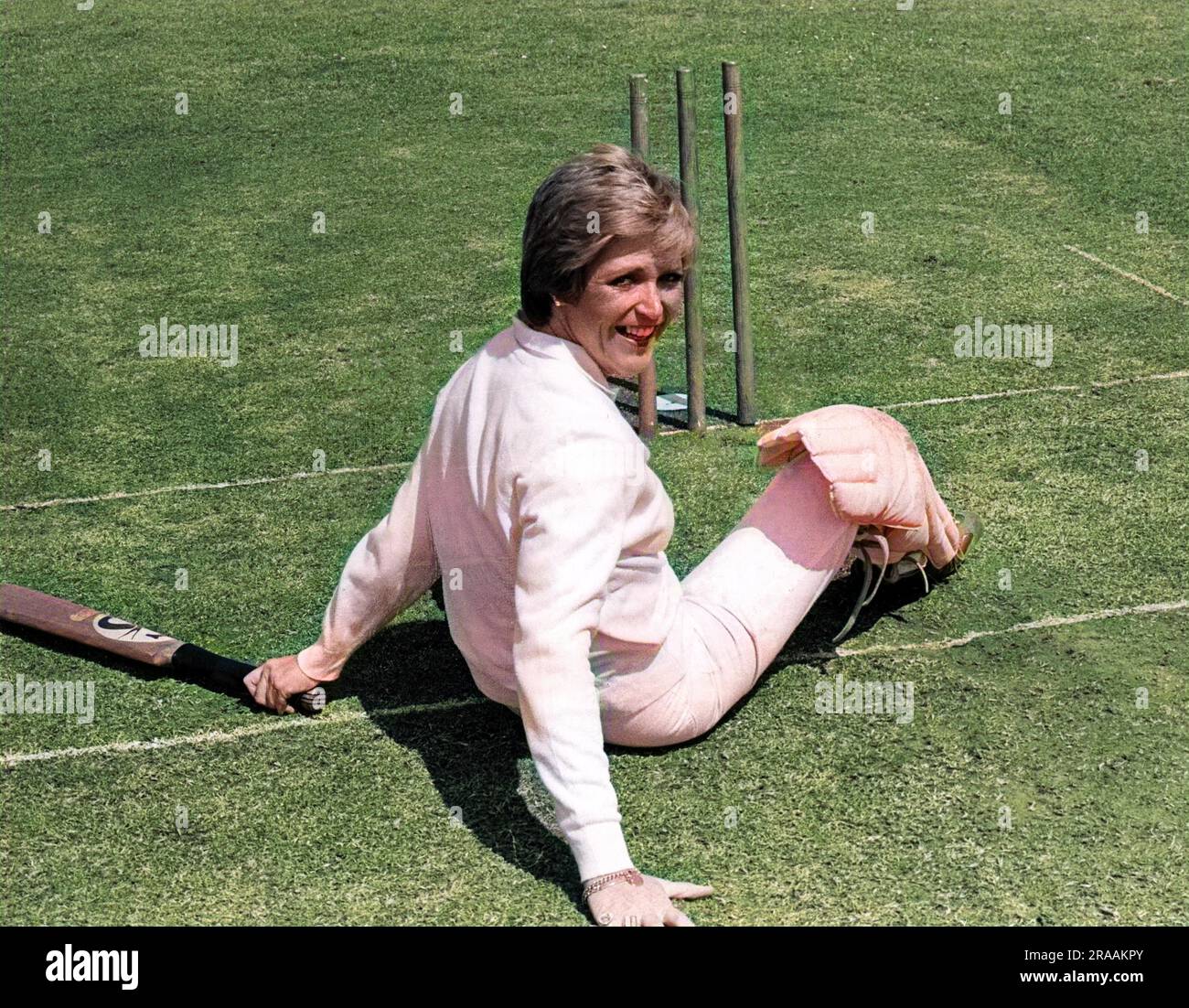 Judi Spiers (b. 1953), radio and TV presenter, seen here taking part in a cricket match.     Date: circa 1980s Stock Photo