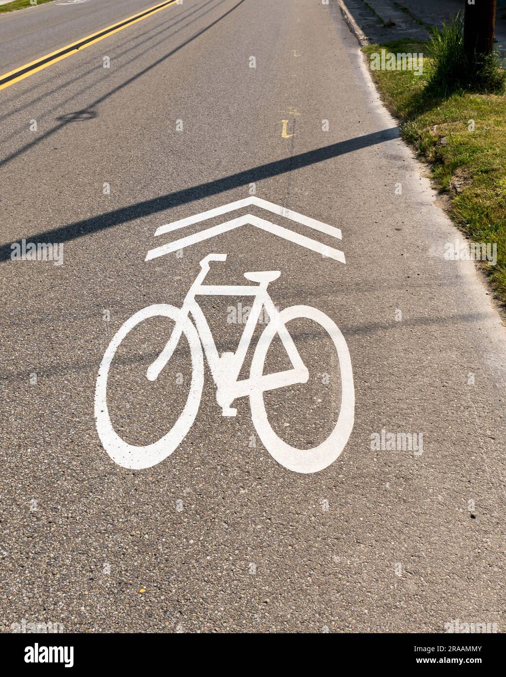 A bike lane symbol on Pennsylvania Avenue West in Warren, Pennsylvania, USA on a sunny spring day Stock Photo