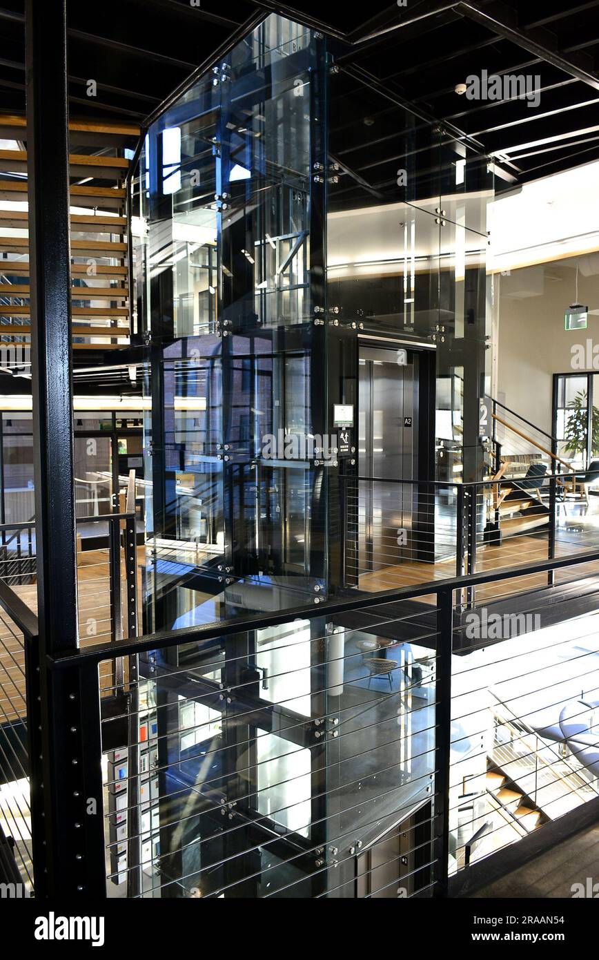 Modern office building elevator and stairs architectural design Stock