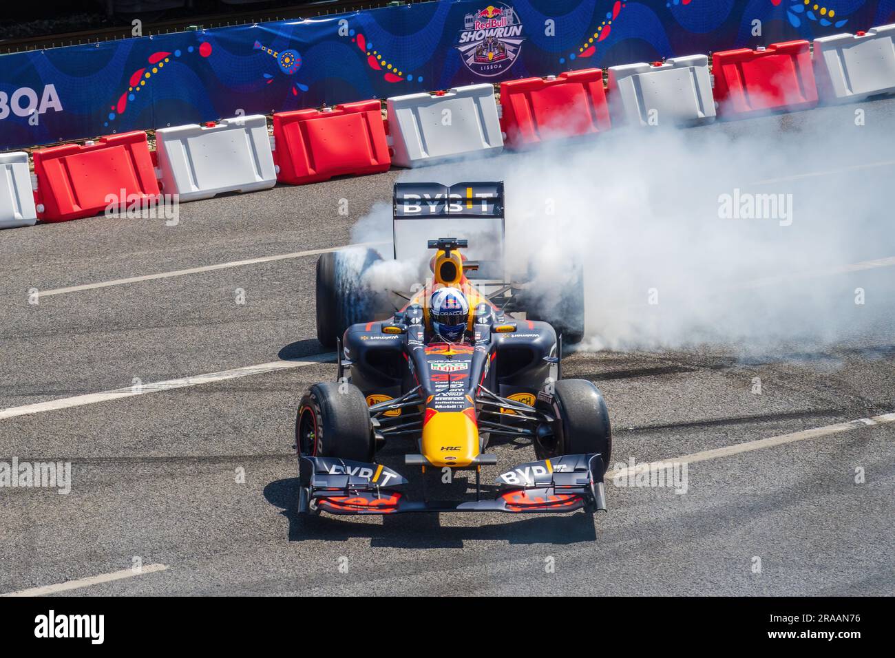 Red Bull Showrun Lisboa 2023. Formula 1 show for motorsports fans in Lisbon, Portugal. David Coulthard driving the Red Bull RB7 Formula 1 racing car. Stock Photo