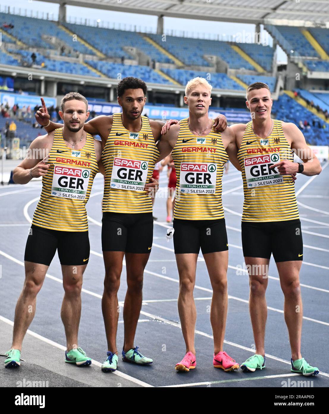 CHORZOW, POLAND - JUNE 24: (L-R) Yannick Wolf, Joshua Hartmann, Marvin  Schulte and Julian Wagner of Germany celebrate victory in the Men's 4 x  100m Re Stock Photo - Alamy