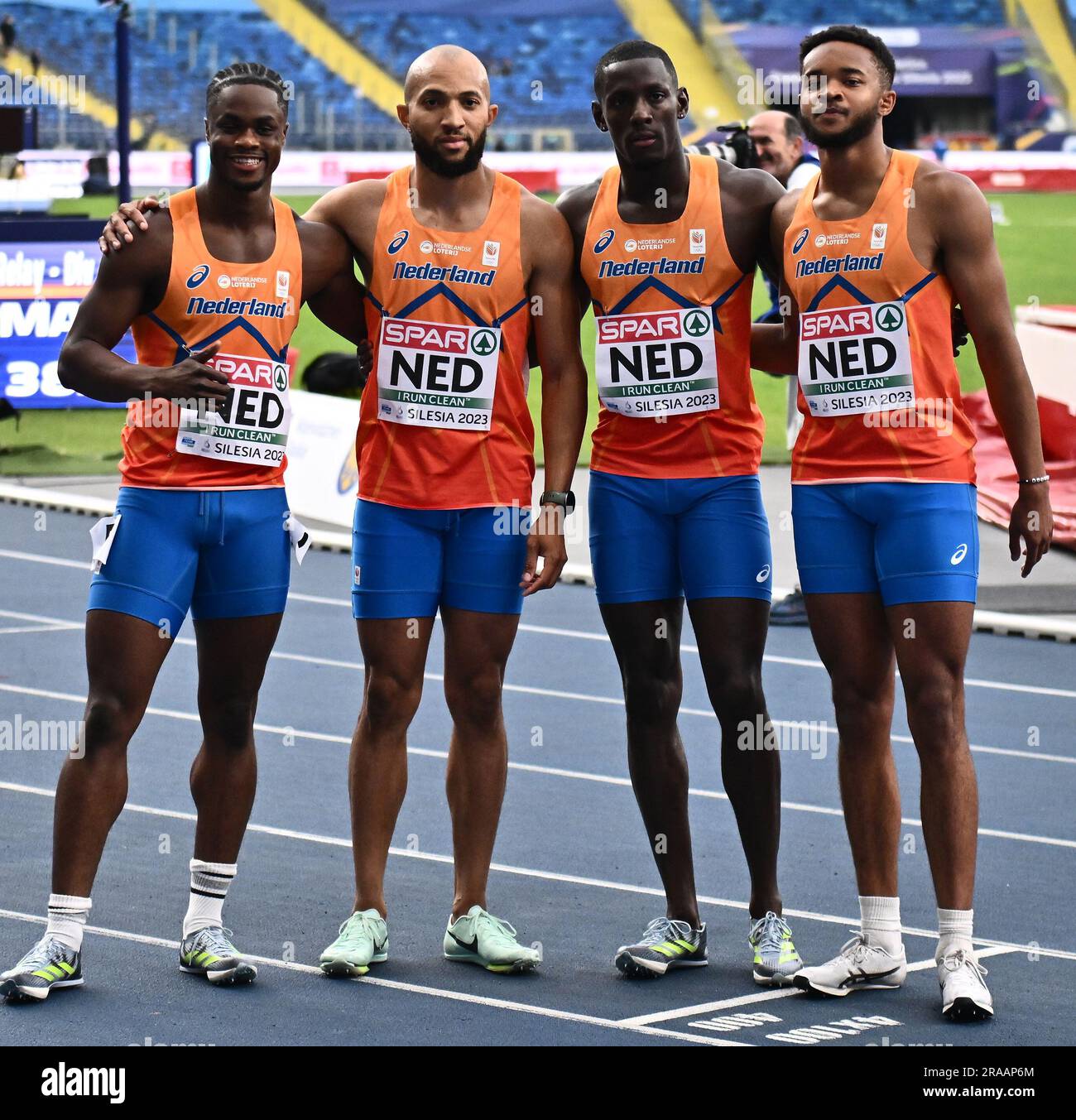 CHORZOW, POLAND - JUNE 24: (L-R) Raphael Bouju, Hensley Paulina, Taymir Burnet and Xavi Mo-Ajok of Netherlands pose for a photo after placing third in Stock Photo