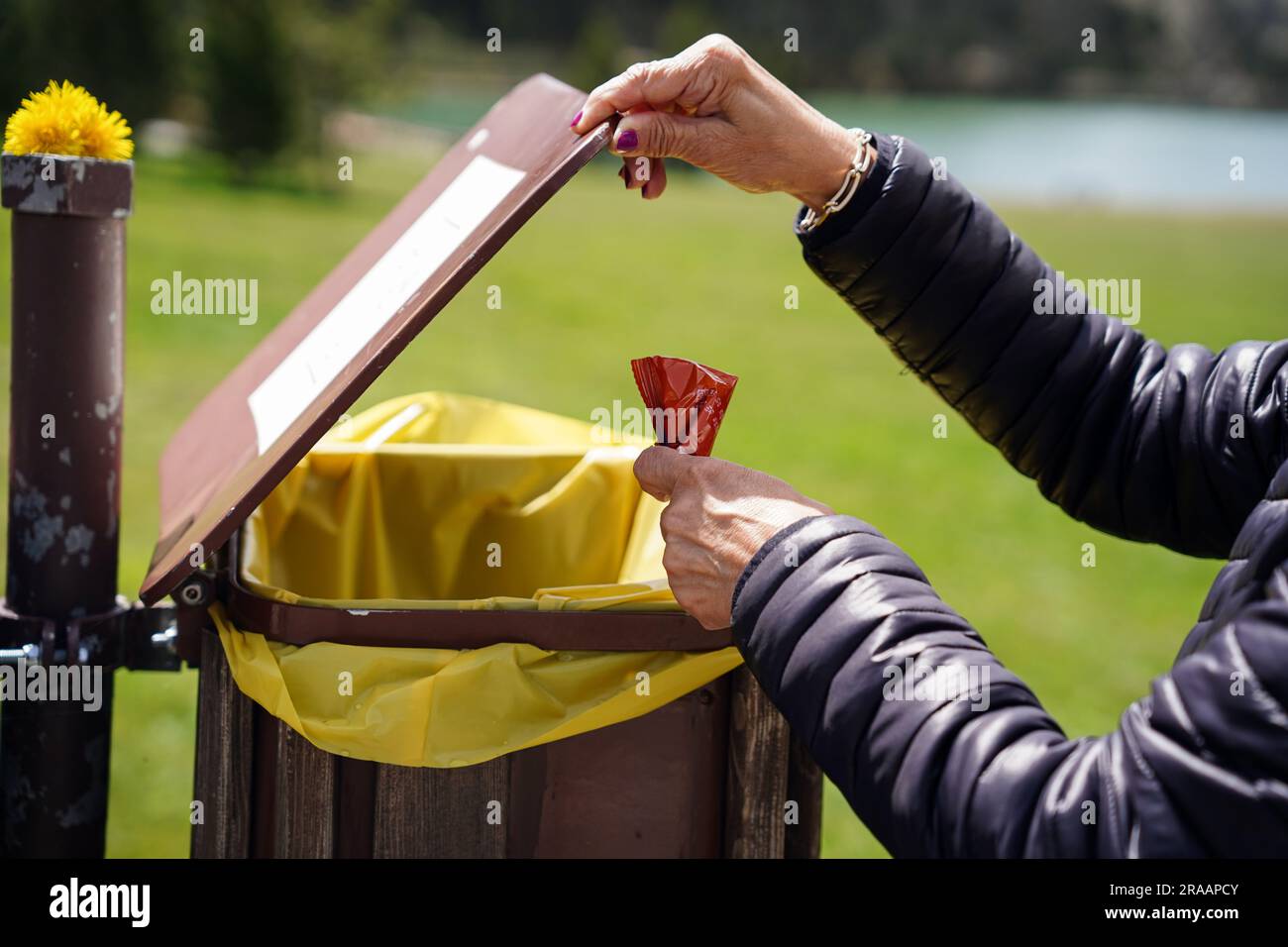 Recycling plastic wrap in nature for reuse in the yellow container