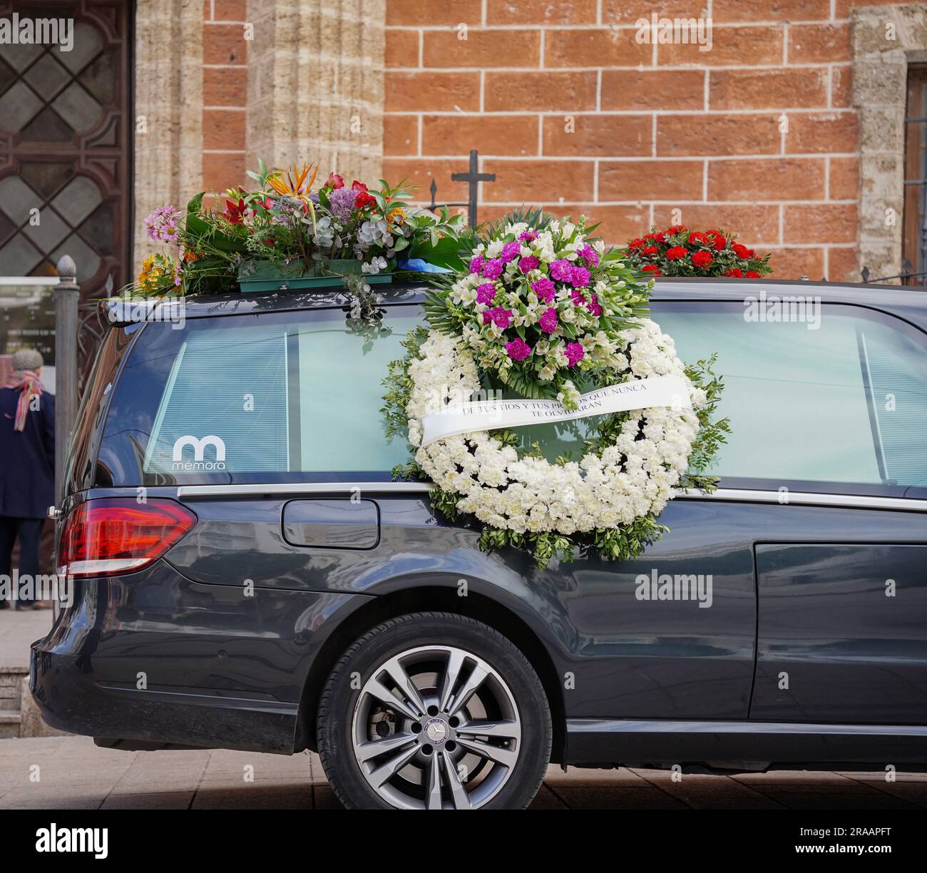 hearse adorned with flowers. Memorial funeral. Concept of death and burial. Death day Stock