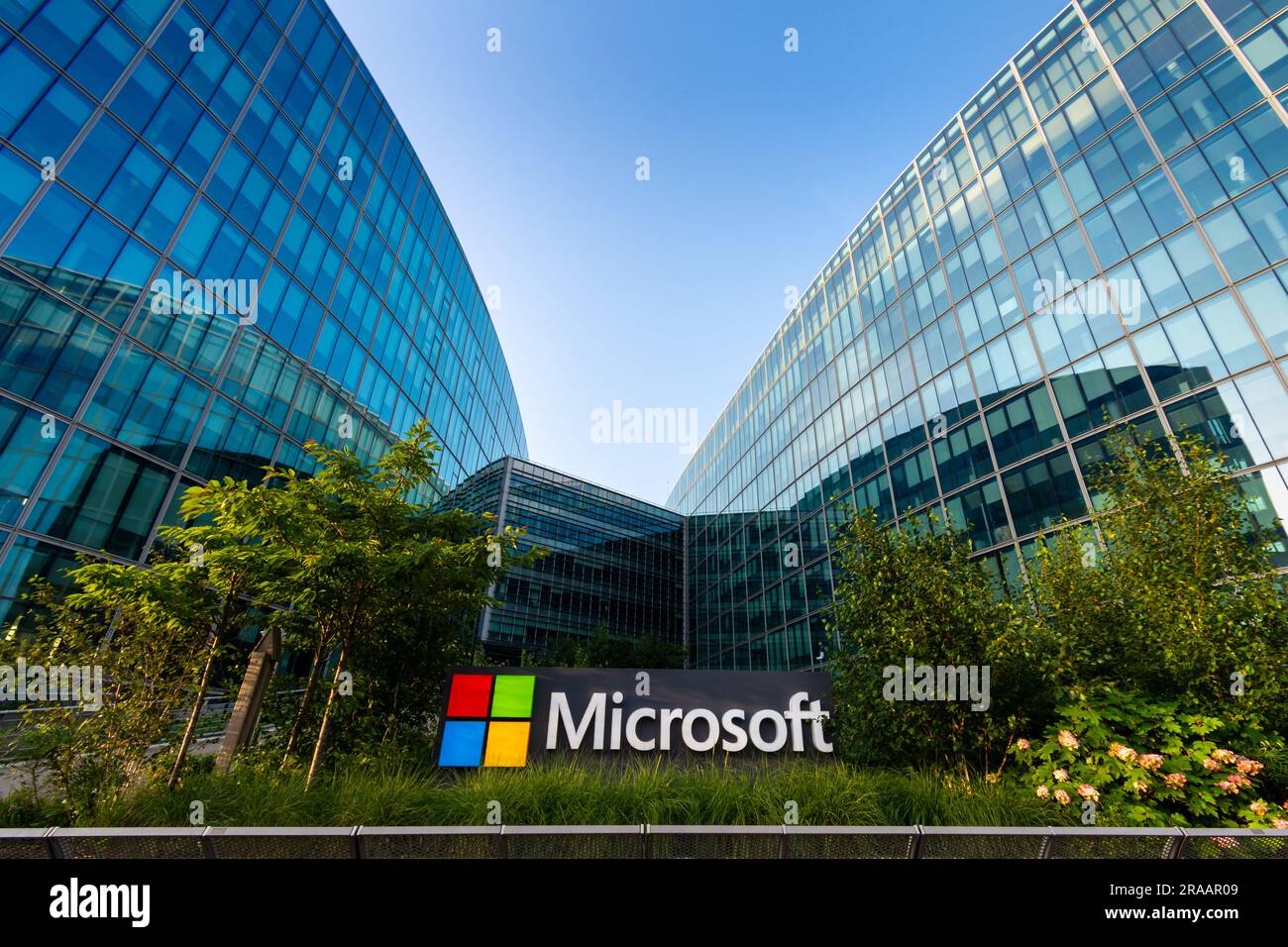 Facade of the French headquarters of Microsoft, an American multinational that develops, manufactures, licenses and markets computer software Stock Photo