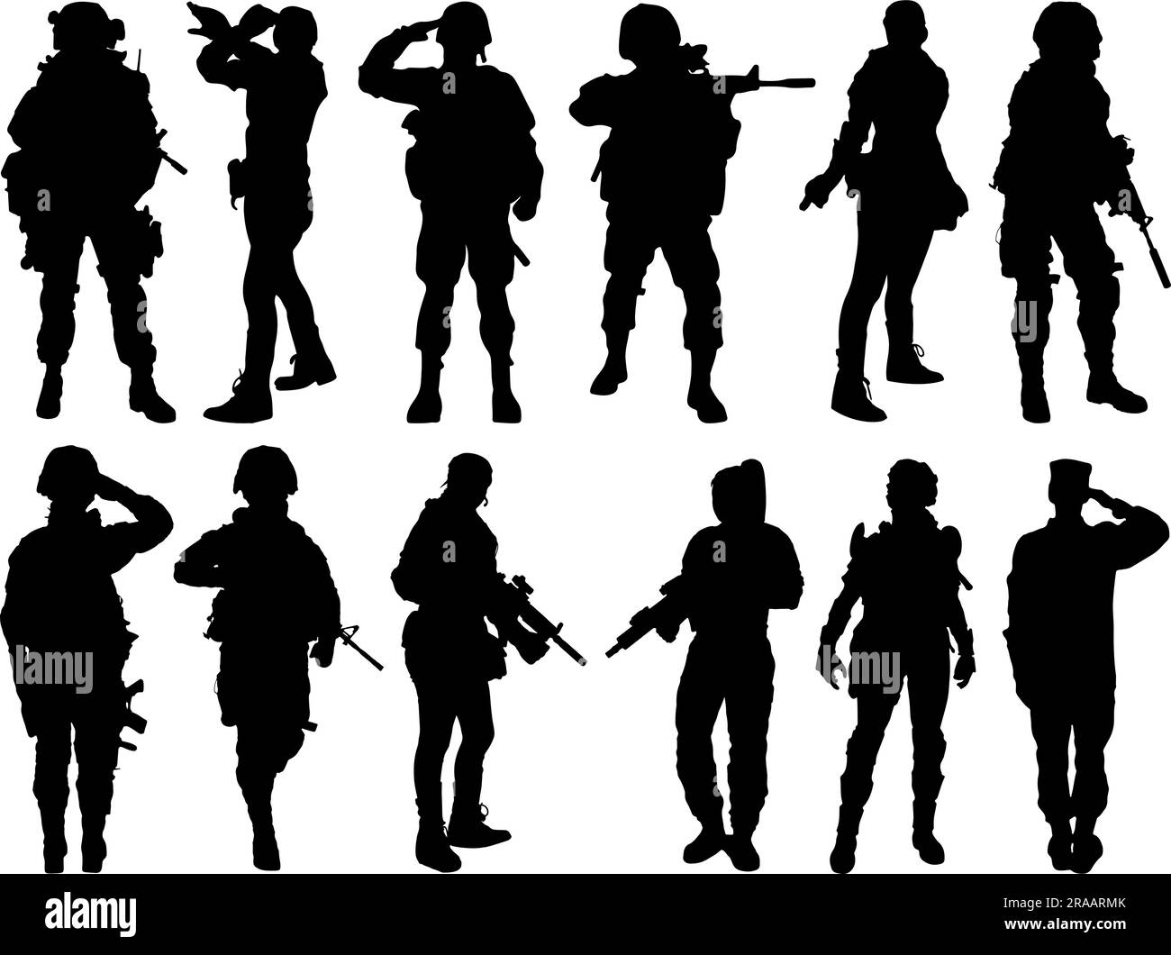 Set of Female Soldiers Silhouette Stock Vector