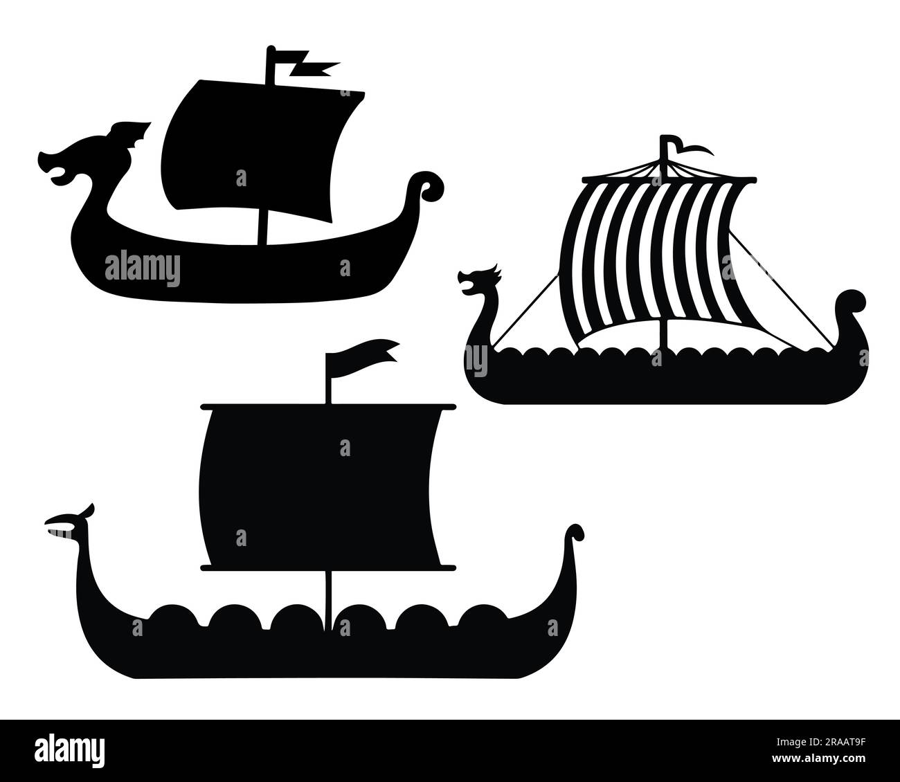 Set of Viking Ships Silhouette Stock Vector