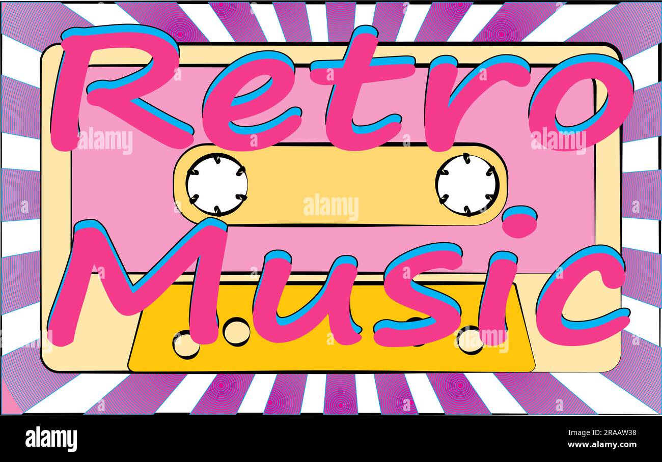 An old vintage retro hipster antique musical film audio cassette and an inscription of retro music on a background of rays from the 70's, 80's, 90's. Stock Vector