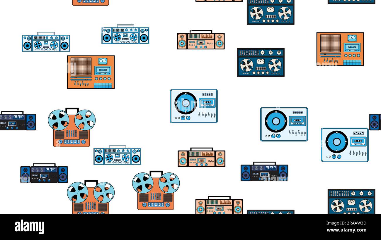 Seamless pattern endless with music audio cassette old retro tape recorders vintage hipster from 70s, 80s, 90s isolated on white background. Vector il Stock Vector
