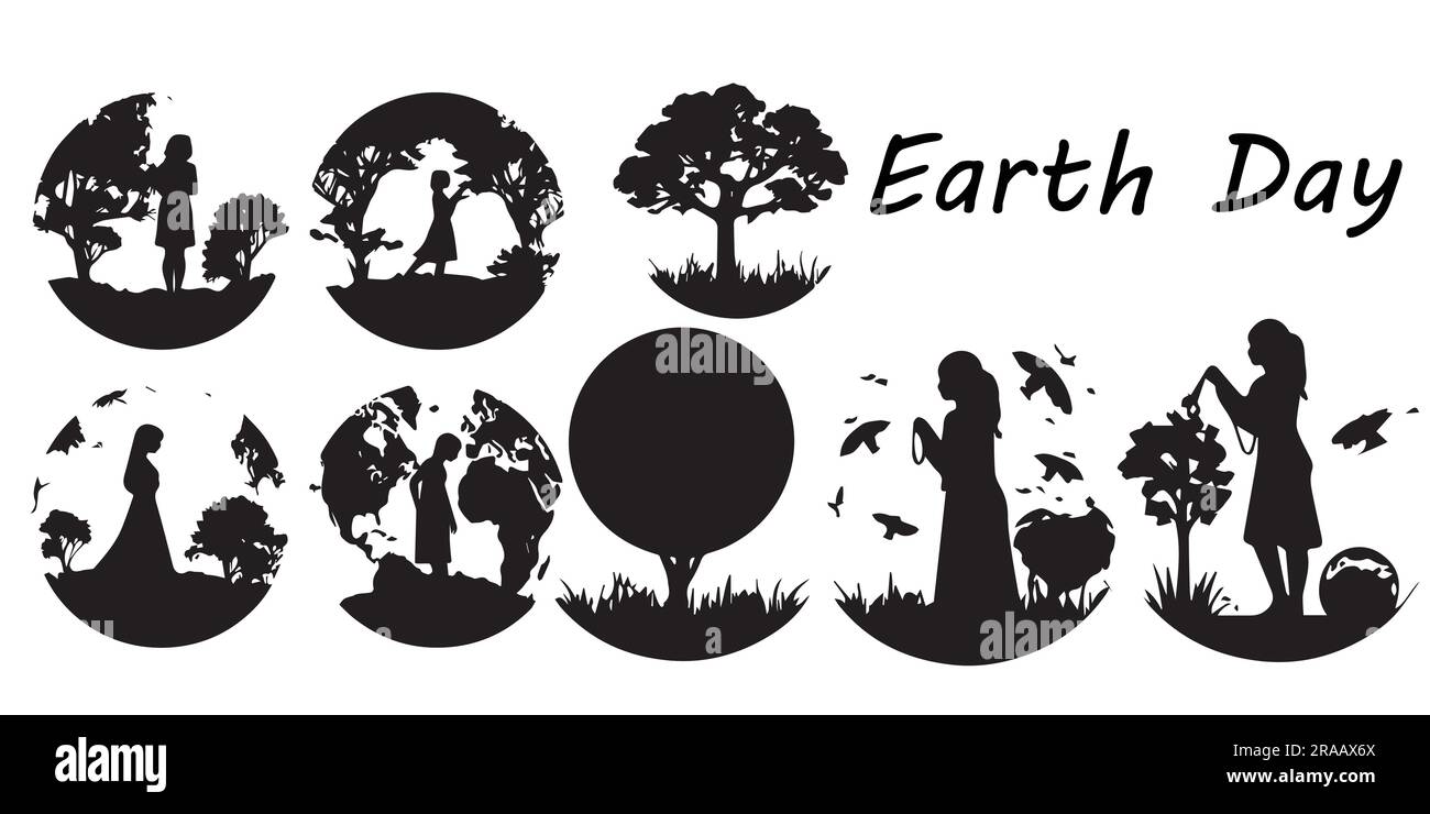 A set of Silhouette Earth day vector illustration Stock Vector Image