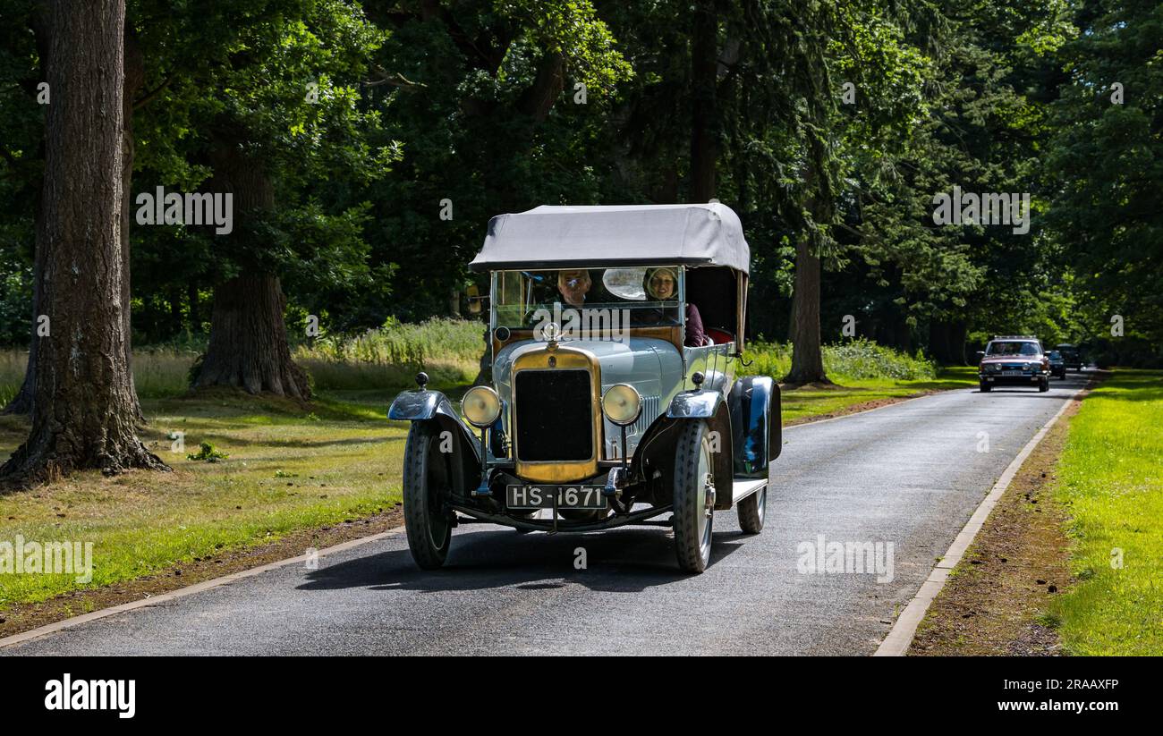 East Lothian, Scotland, UK, 2nd July 2023. Wheels of Yesteryear: the Scottish Association of Vehicle Enthusiasts annual jaunt takes owners of vintage vehicles through the countryside to the scenic grounds of Lennoxlove House. Pictured: a vintage 1920 Arrol Johnston car in Lennoxlove estate. Credit: Sally Anderson/Alamy Live News Stock Photo