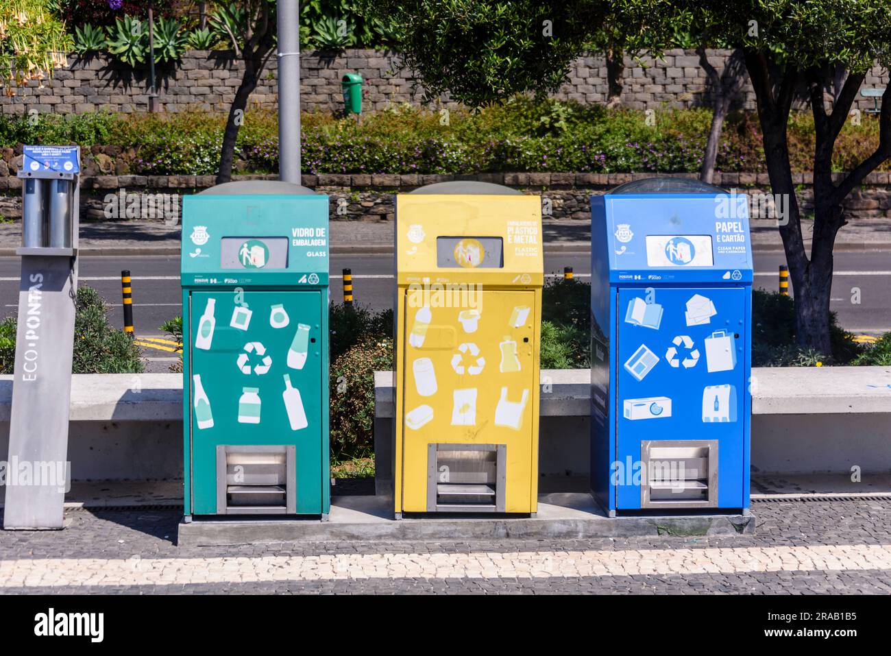 Green, yellow and blue recycling bins, Portugal Stock Photo Alamy