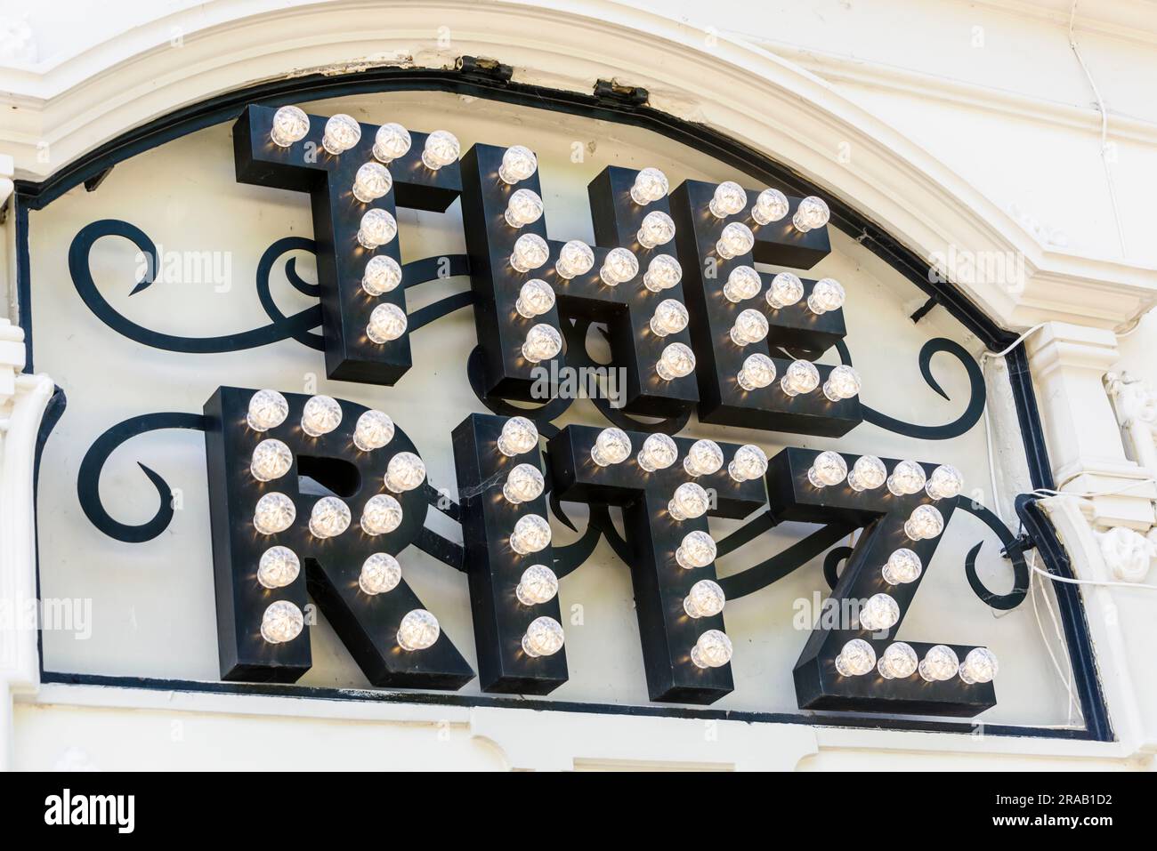 Illuminated sign above the entrance to The Ritz, Funchal, Madeira Stock Photo