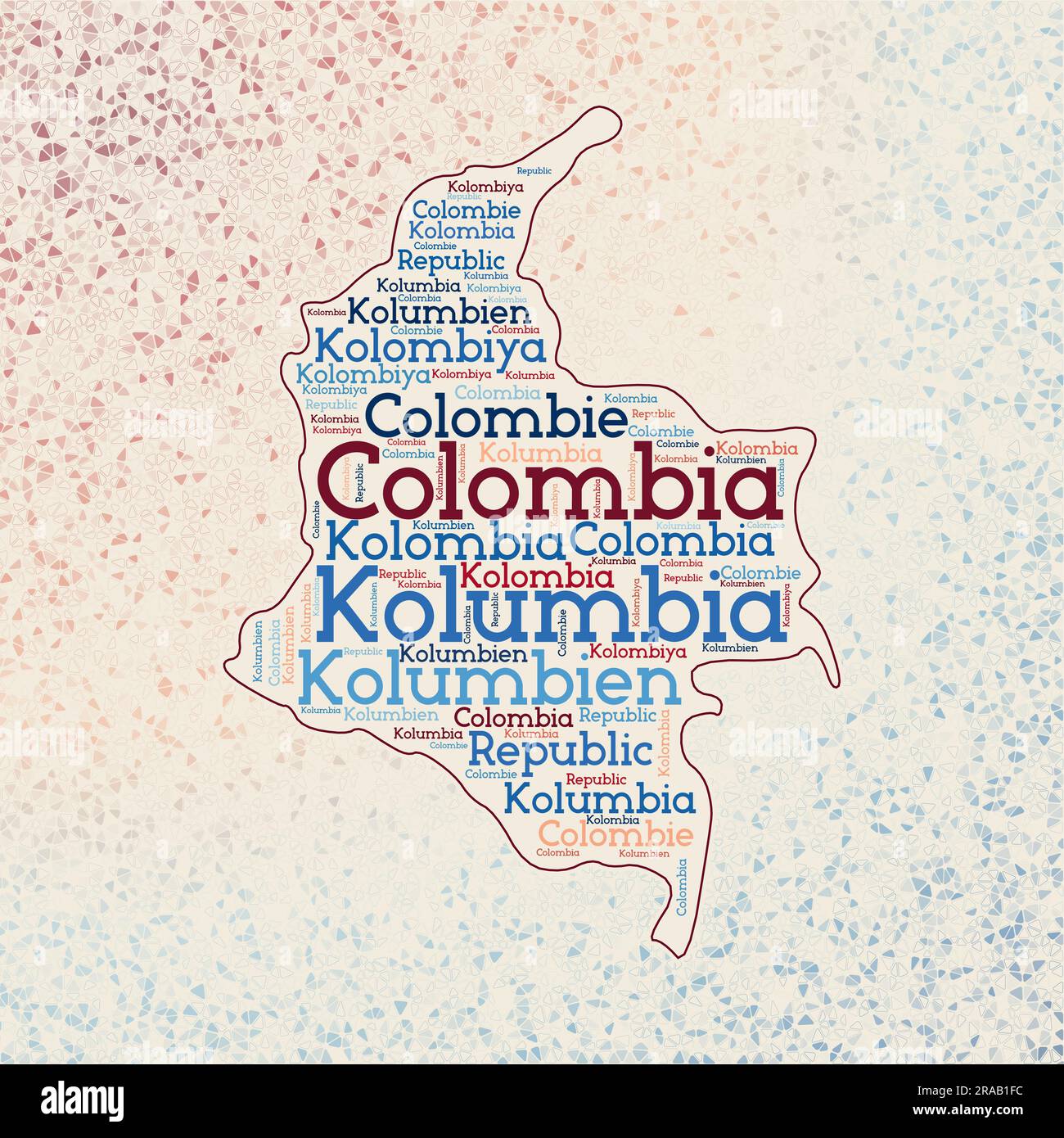 Colombia shape with country names word cloud in multiple languages. Colombia border map on charming triangles scattered around. Stock Vector