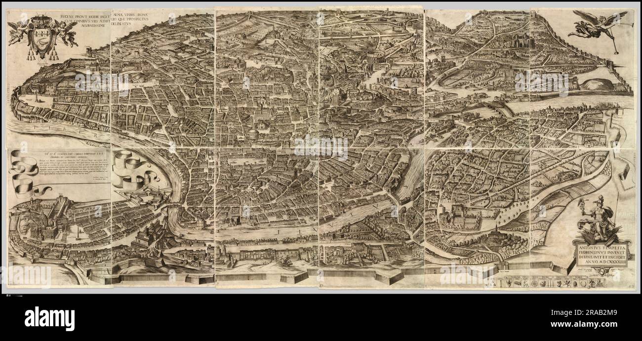 Plan of the City of Rome. 1645.  Antonio Tempesta. Dedicated to Cardinal Camillo Pamphili. Published by Giovanni Domenico de Rossi. Stock Photo