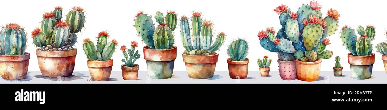 Beautiful watercolor cactus in flower pots seamless pattern. Vector ...