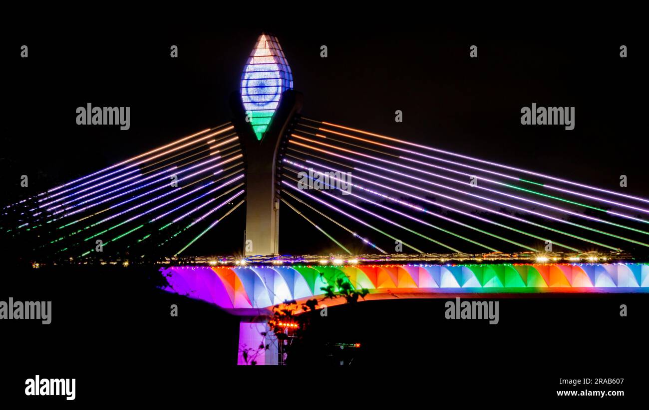 Cable bridge in hyderabad decorated with colorful LEDs showing cloors
