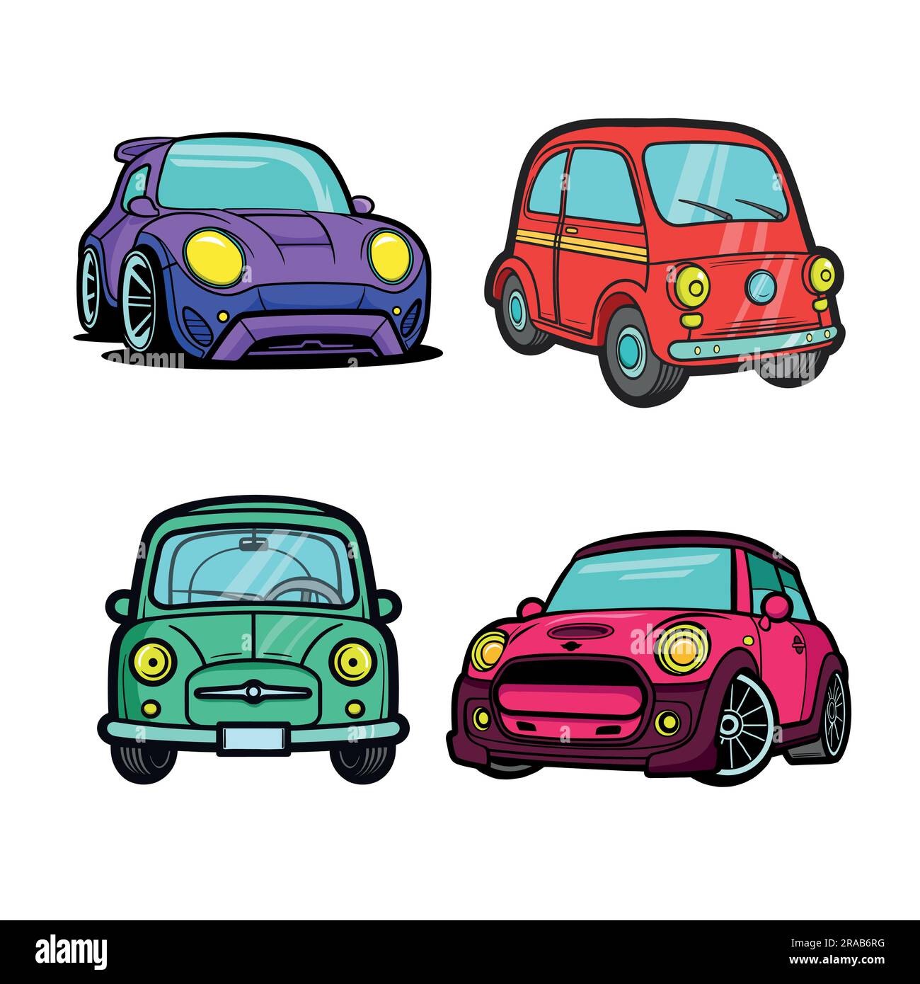 Set of stickers with funny cartoon cars on a white background
