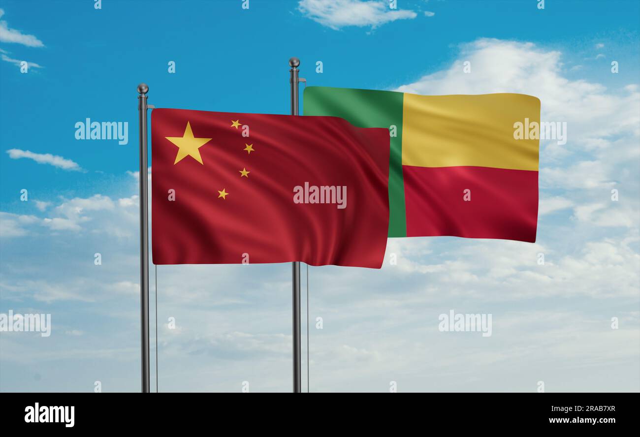 Benin Flag And China Flag Waving Together On Blue Sky Two Country Benin Flag And China Flag Waving Together On Blue Sky Two Country