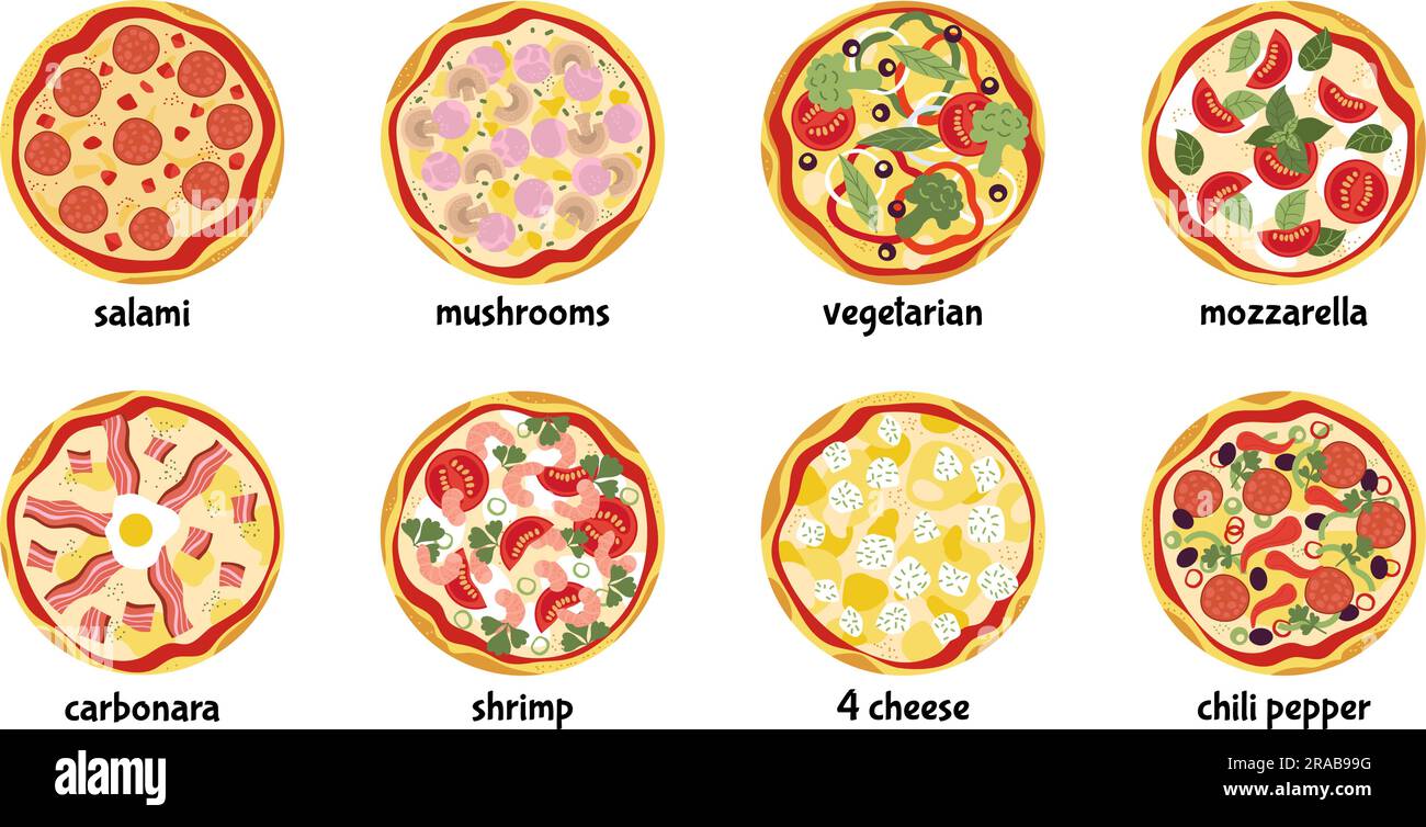 Isolated tasty pizza icons top view. Pizzas salami, mozzarella
