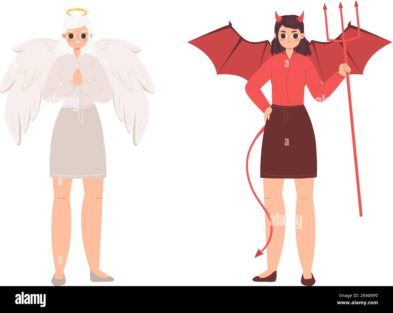 Angel and devil. Female good and angry characters. Symbol of purity and innocence, cunning and evil. Holy heaven and hell snugly vector cartoon girls Stock Vector