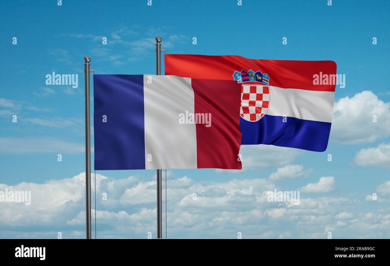 Croatia and France flag waving together in the wind on blue sky, two ...
