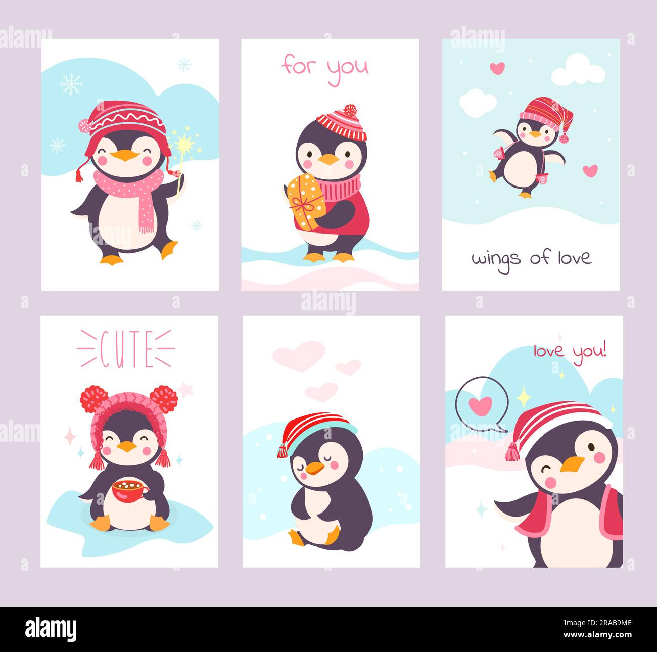 Winter greeting printable cards with cute cartoon penguins. Children ...