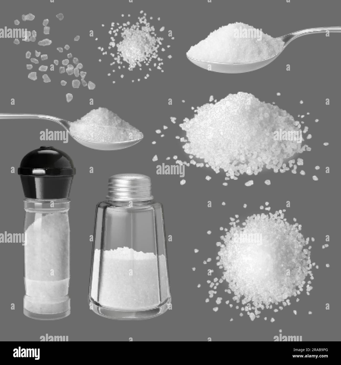 Realistic salt crystals, 3d mineral cooking ingredients. Edible salting crystal grains, spices and herbs. Metal spoon and glass shaker pithy vector Stock Vector