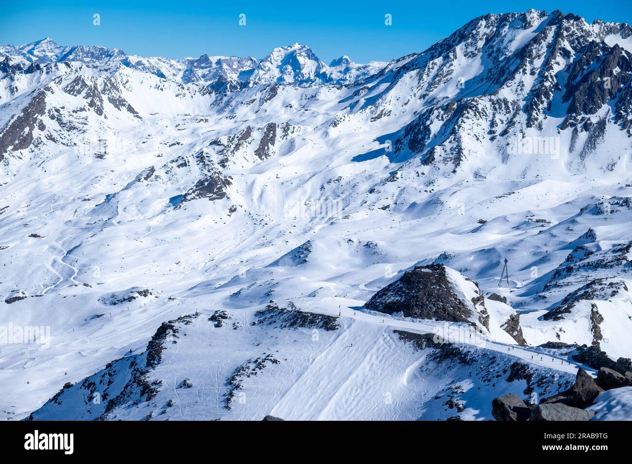 Val Thorens ski resort, mountains and pistes, Three Valleys,  Savoie, France Stock Photo