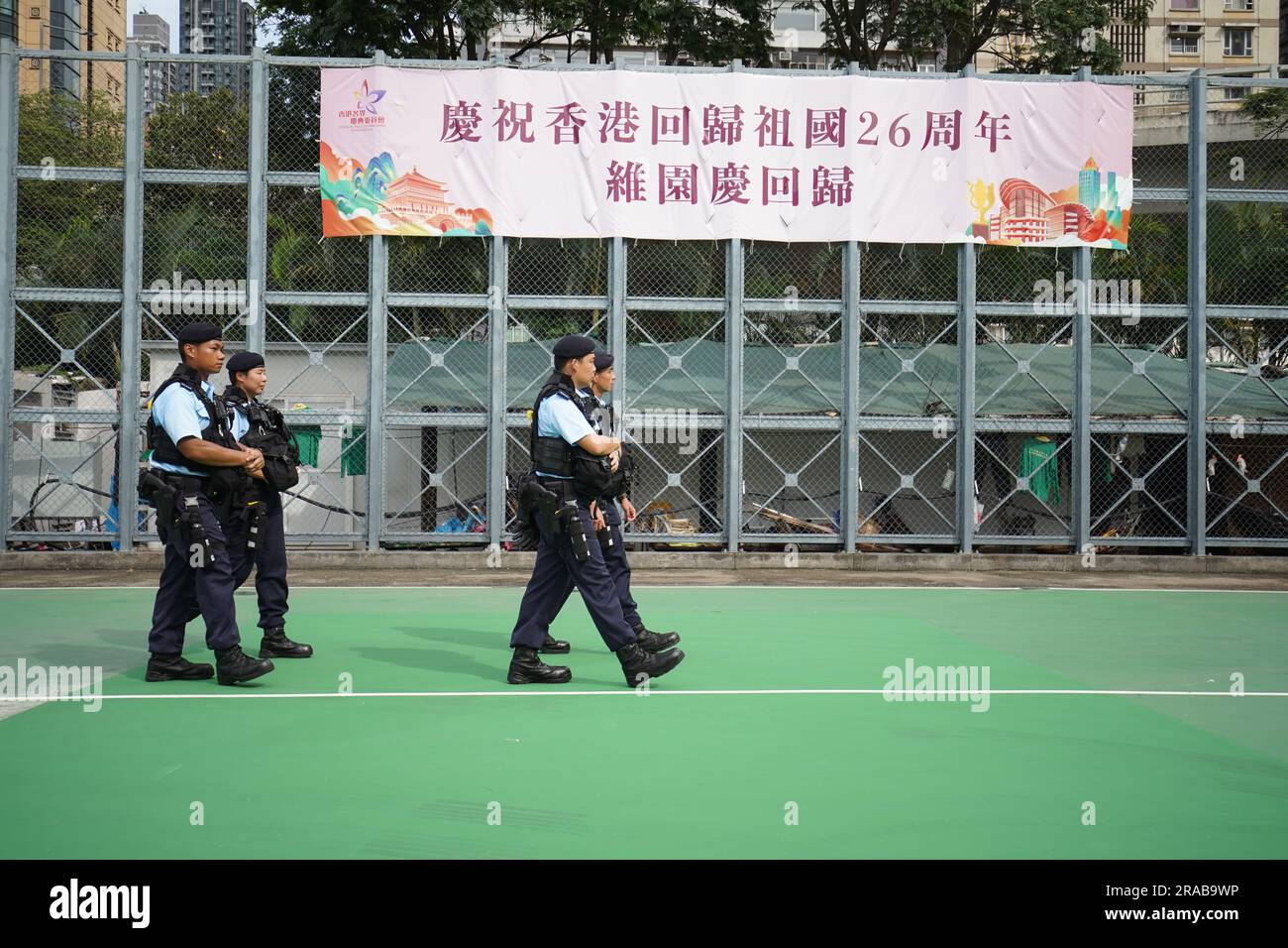 Hong Kong, China. 01st July, 2023. Police officers patrol at Victoria Park. Hong Kong