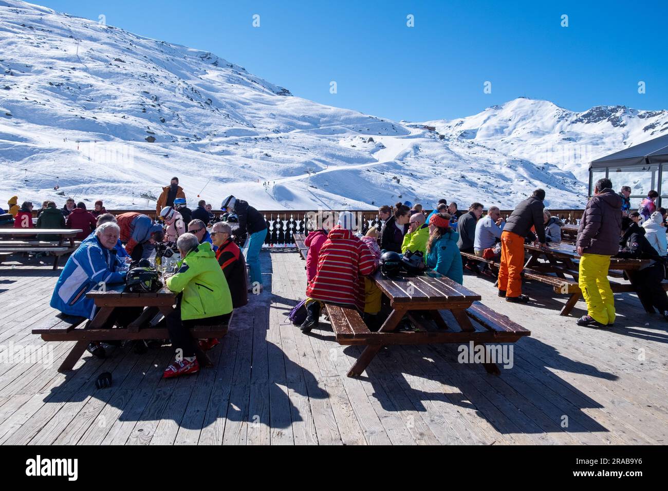 Piste side bar and restaurant in the ski resort of Val Thorens, Three