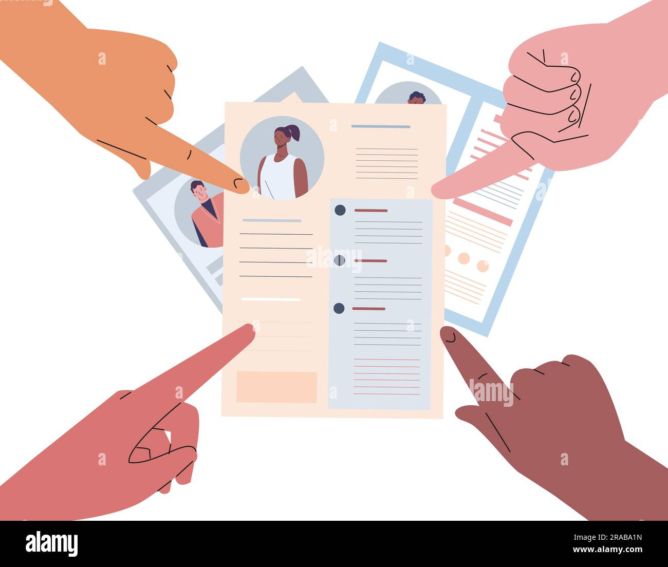 HR choose employee. CV in recruiting agency, human hands point at resume. Work or job choosing, professional vector concept Stock Vector