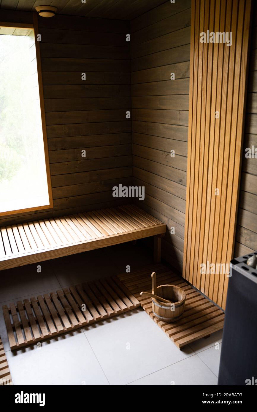 Finnish sauna, wooden interior baths, wooden benches and loungers, spa ...