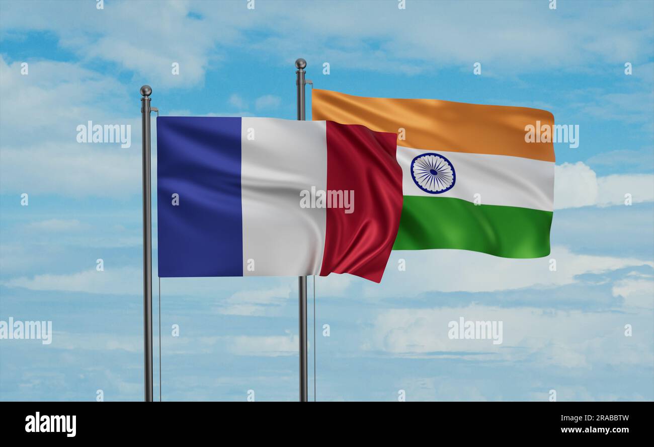 India flag and France flag waving together on blue sky, two country ...