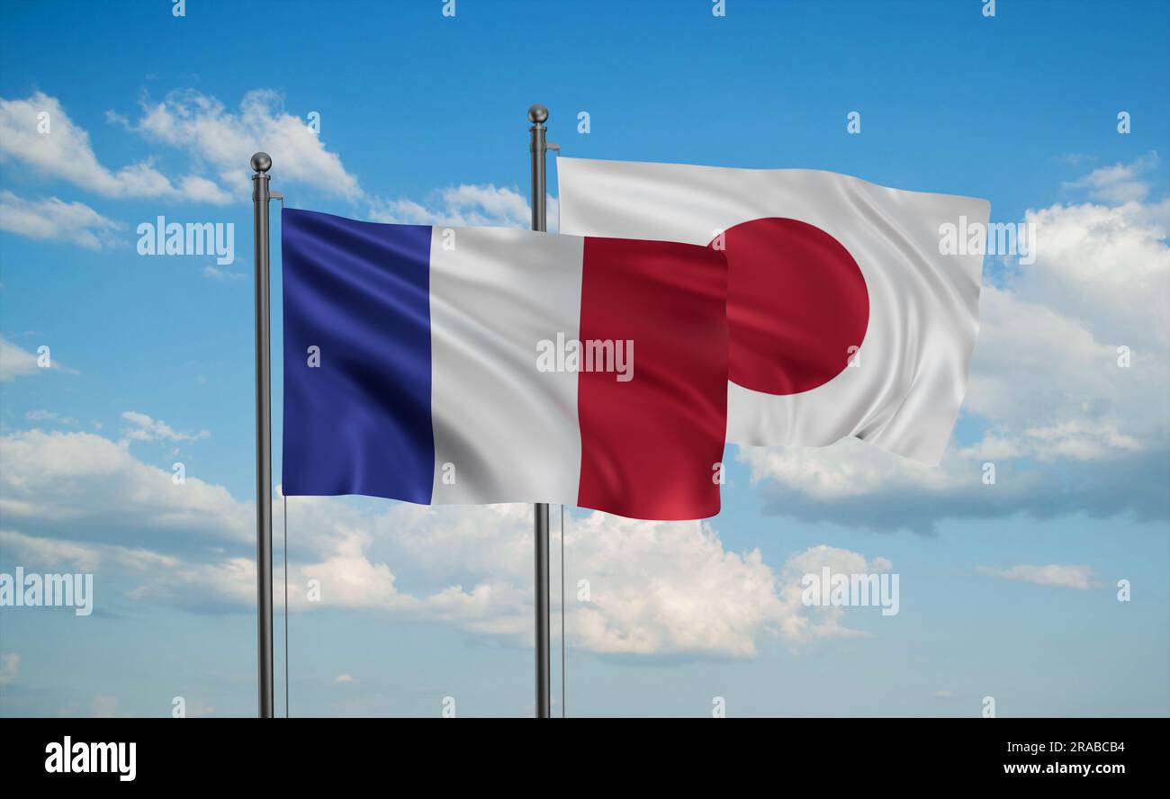 Japan flag and France flag waving together on blue sky, two country ...