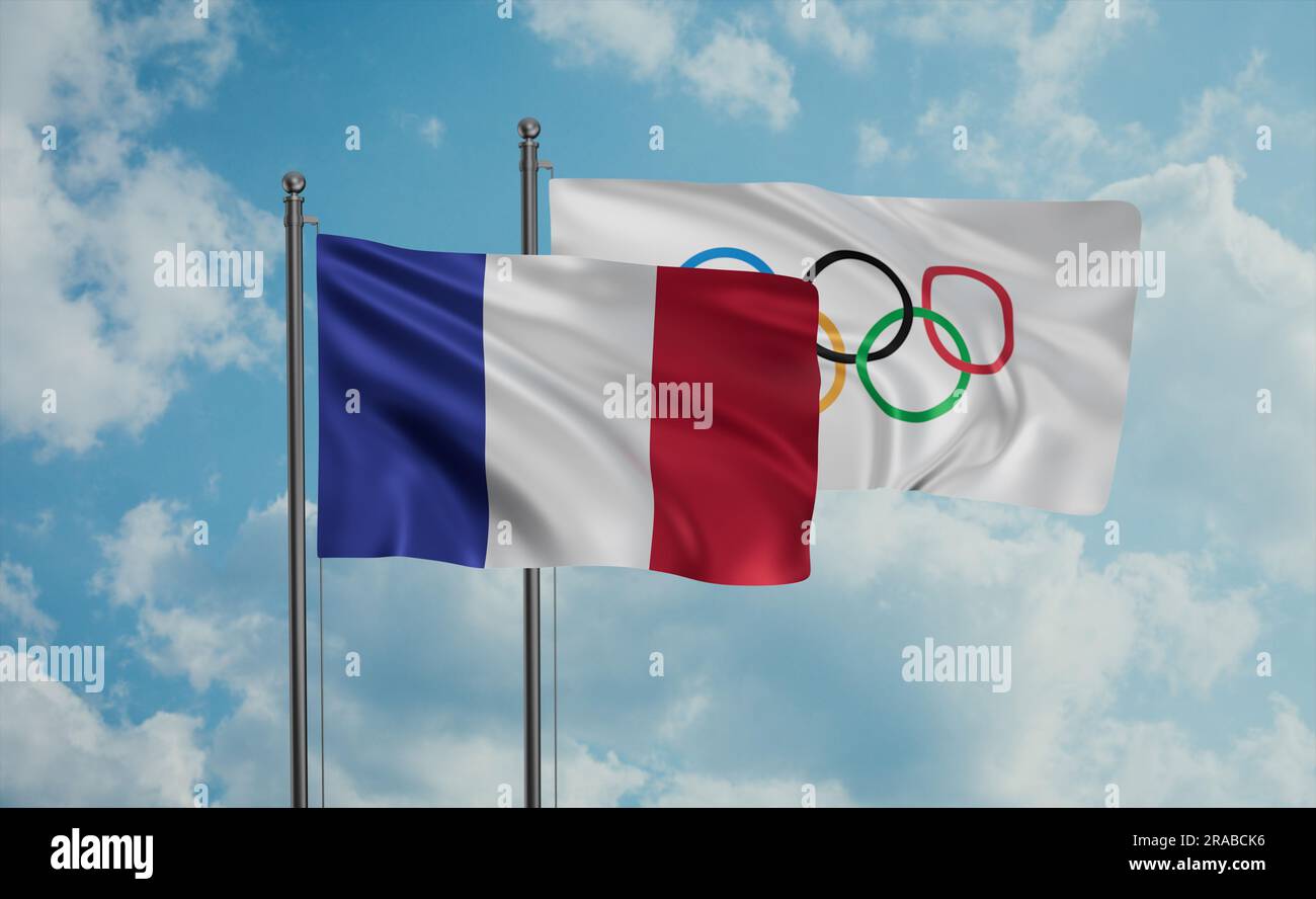 Olympic Games and France flag waving together in the wind on blue sky ...
