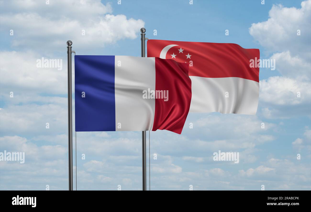 Republic of Singapore and France flag waving together in the wind on