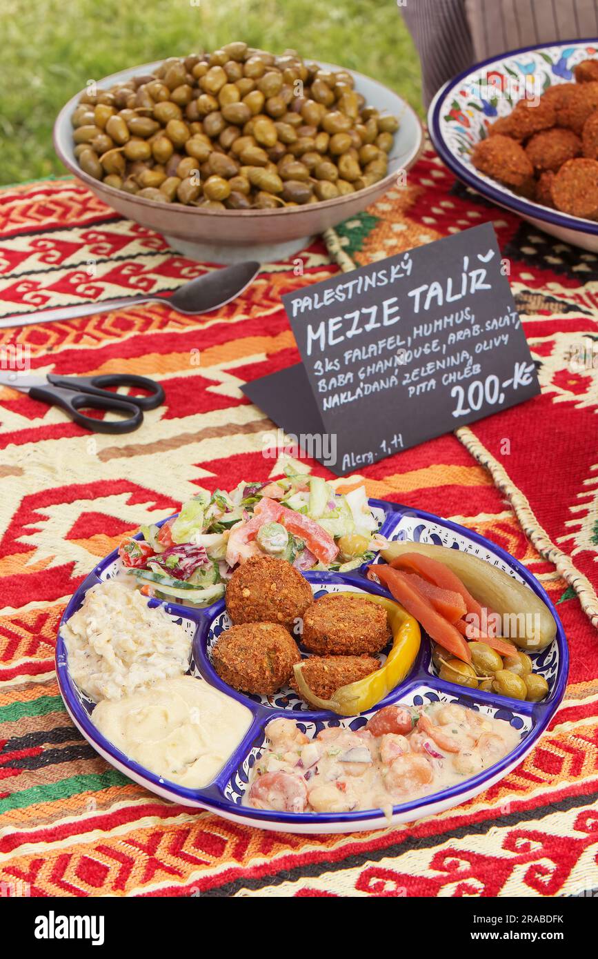 Palestnian Mezze Dish, a selection of Middle Eastern food, falafel