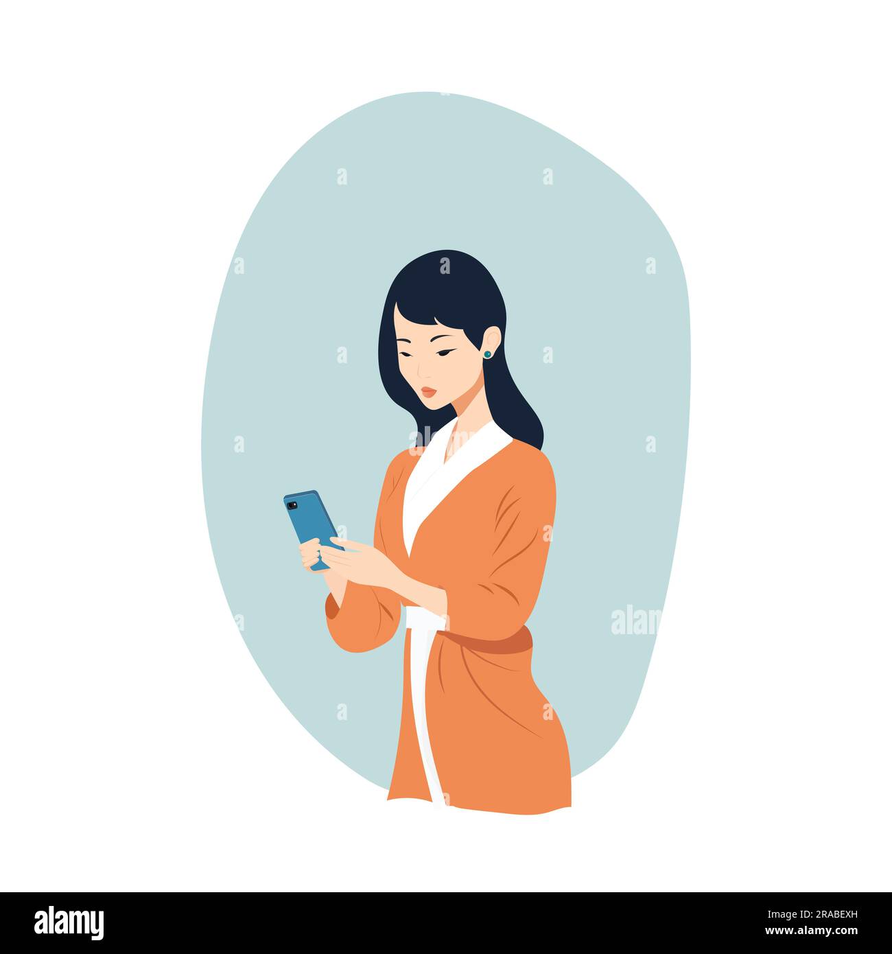A beautiful Asian woman is holding the phone. Looking at the phone. Businesswoman. Vector illustration Stock Vector