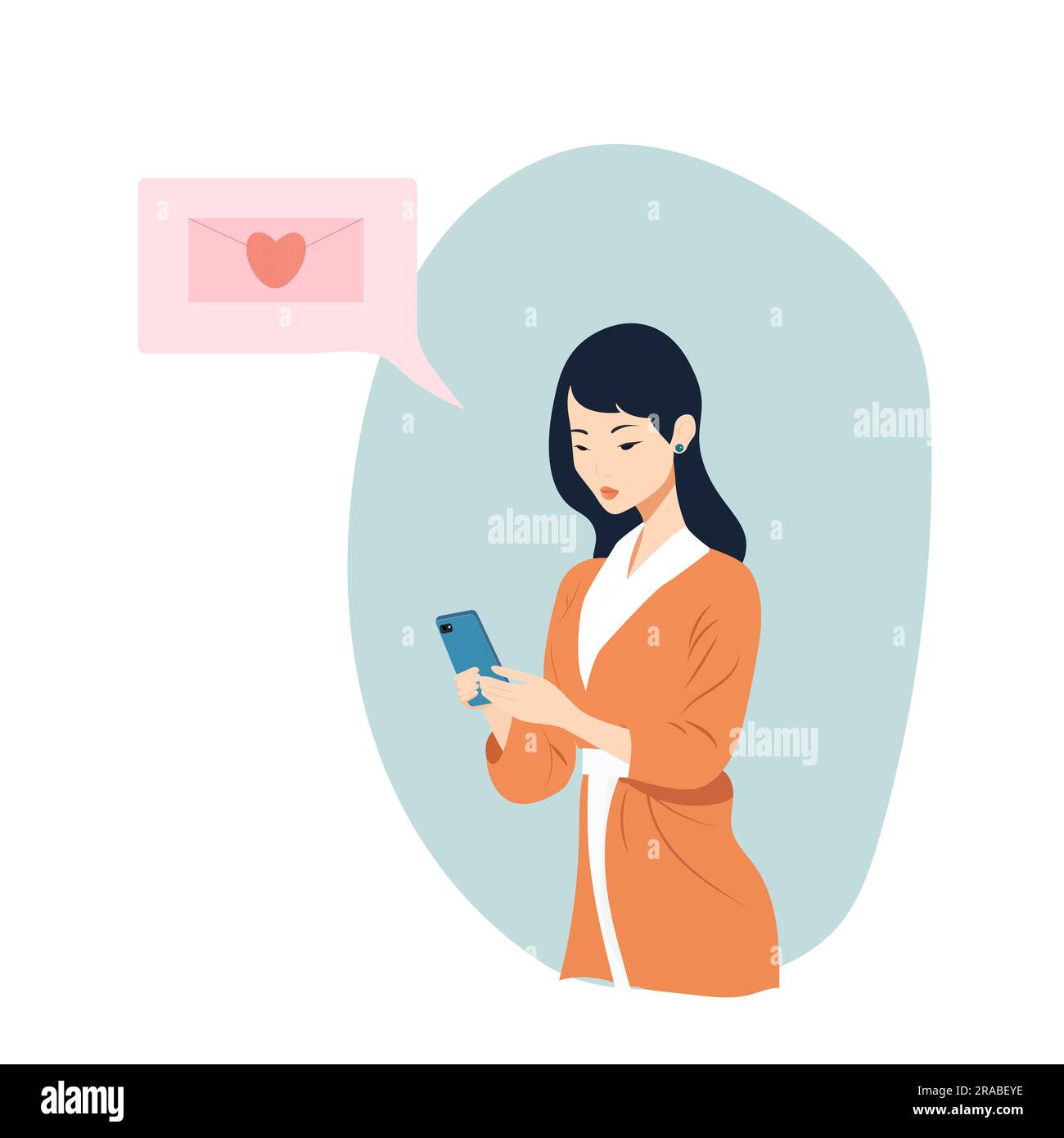 a beautiful Asian woman receives a text message and holds up her phone. Looking at the phone. Businesswoman. Vector illustration Stock Vector