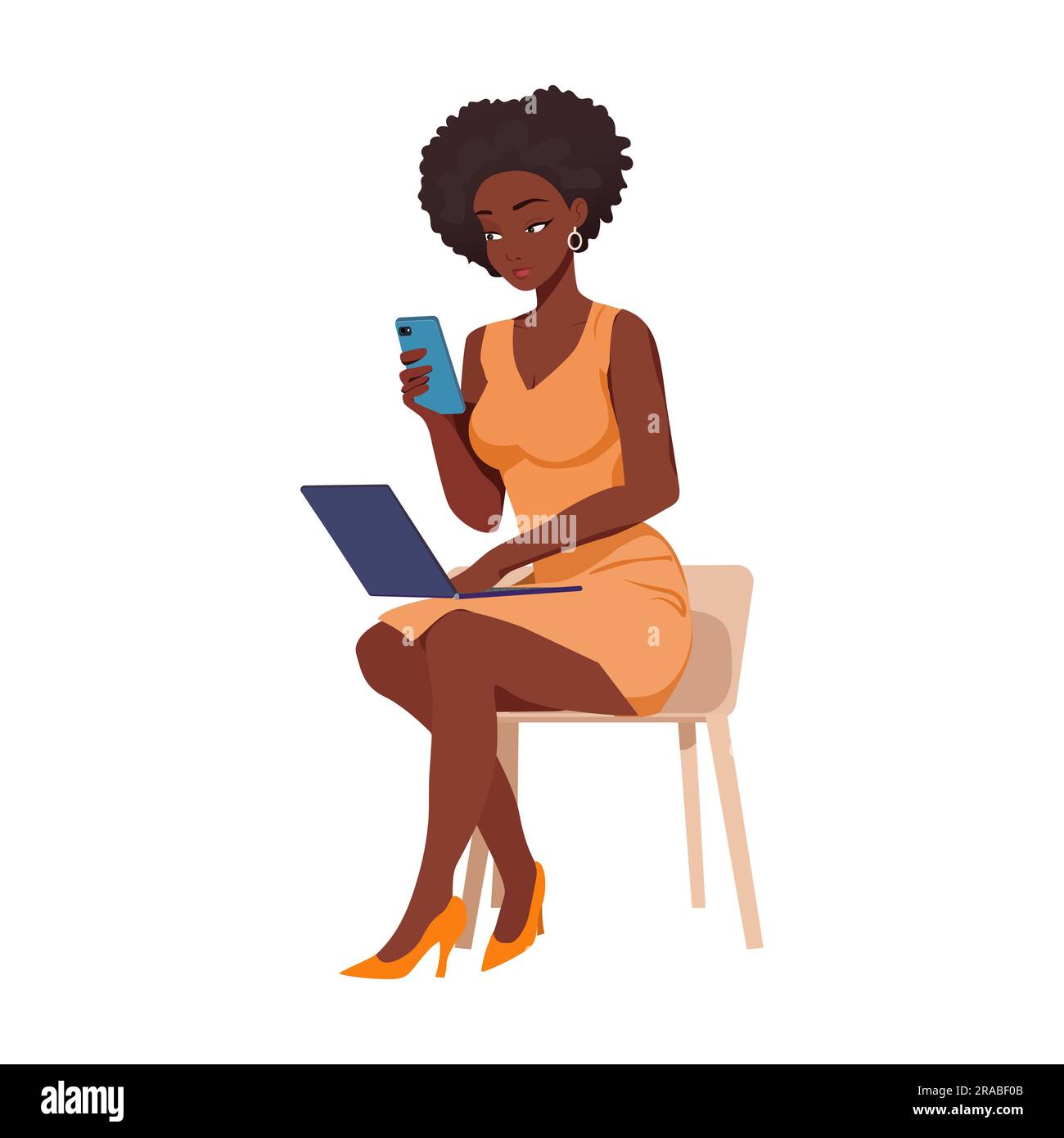 black girl businesswoman or freelancer looking at her laptop and her smartphone. Stock Vector