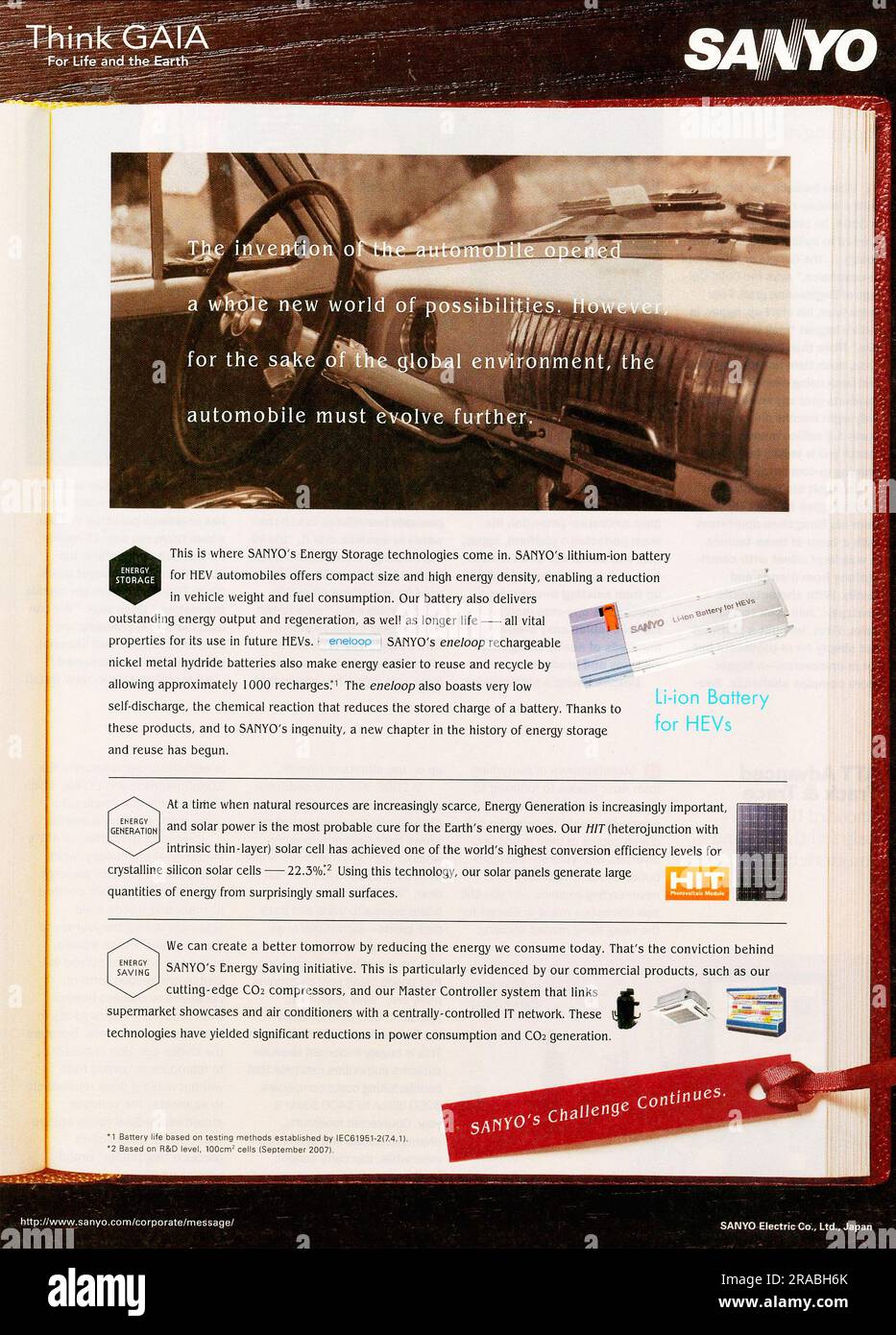 SANYO think GAIA, Li-ion battery for HEVs, solar cell photovoltaic module, energy saving initiative advert in a magazine 2008 Stock Photo