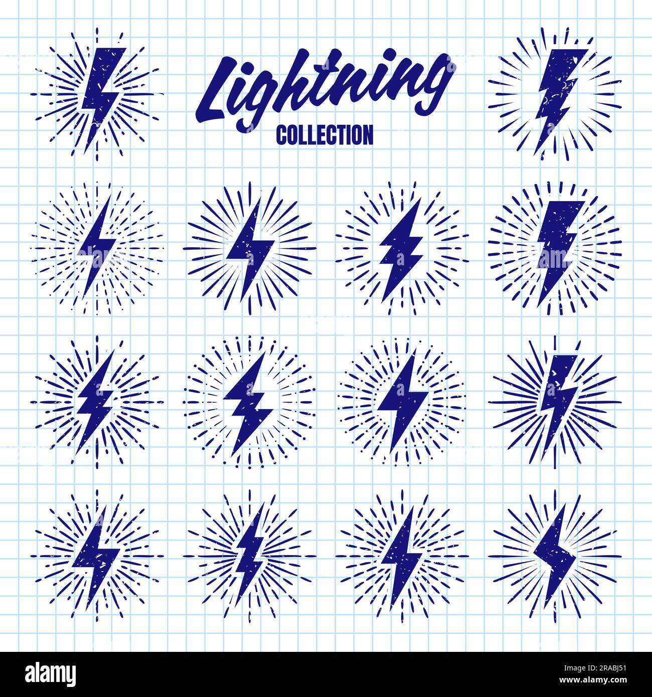 Set of vintage hand drawn lightning bolts and sun rays on checkered paper sheet. Lightnings with