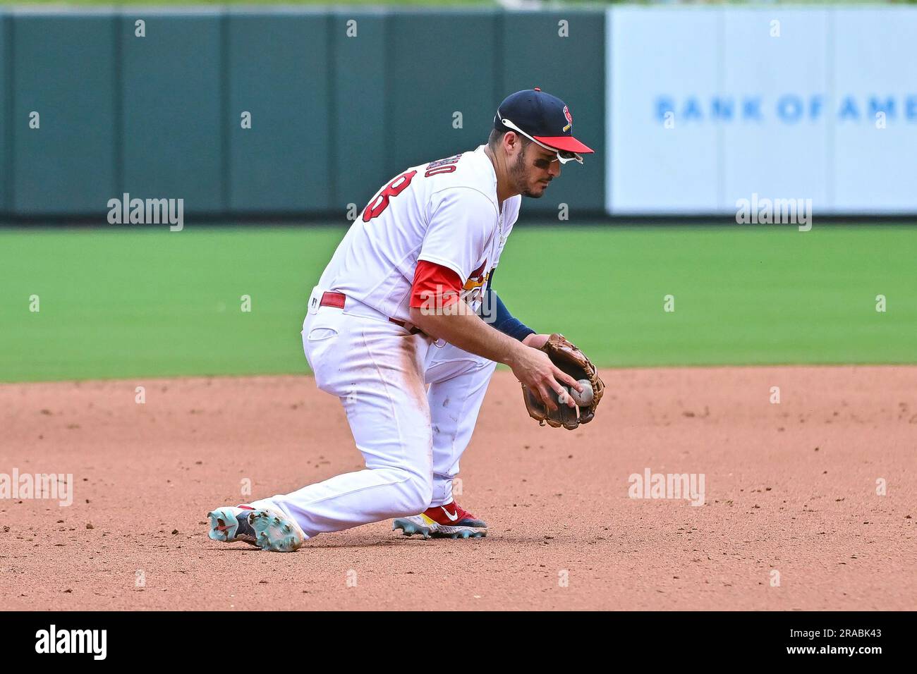 ST. LOUIS, MO - JUL 02: St. Louis Cardinals third baseman Nolan Arenado  (28) fields the ground ball during a game between the New York Yankees and  the St. Louis Cardinals on