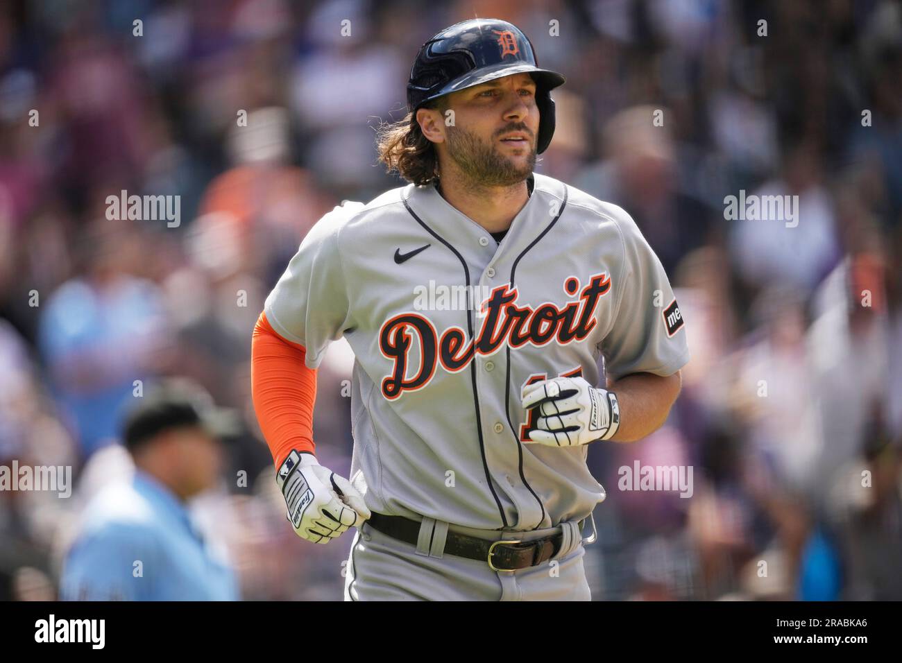 Detroit Tigers' Jake Marisnick heads up the first base line after