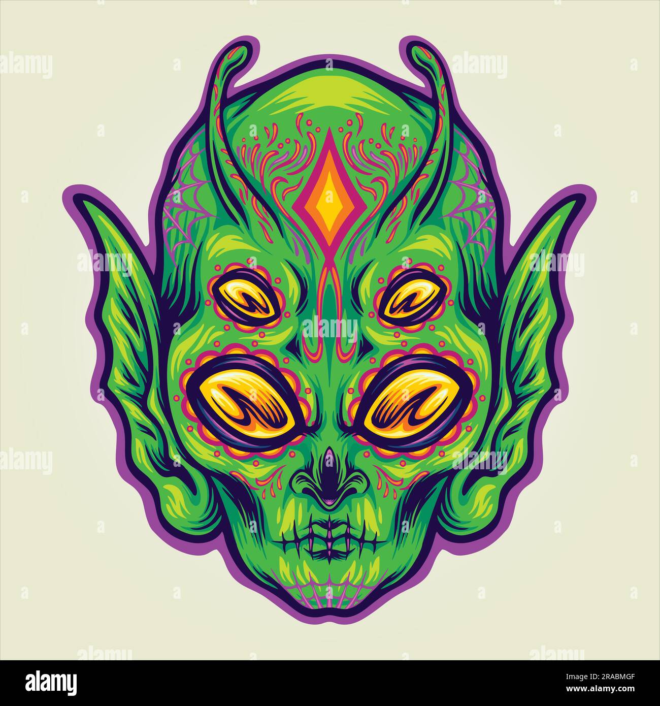 Fantasy alien head in sugar skull day of the dead vector illustrations ...