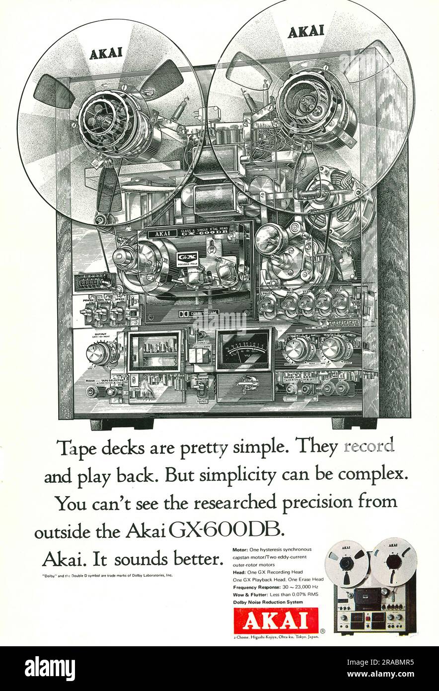 AKAI GX 600 DB tape decks advert in a Natgeo magazine, 1974 Stock Photo