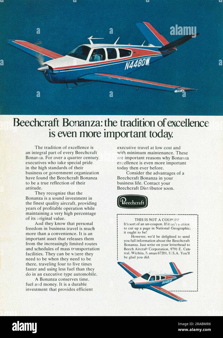 Beechcraft Bonanza advert in a Natgeo magazine 1974 Stock Photo