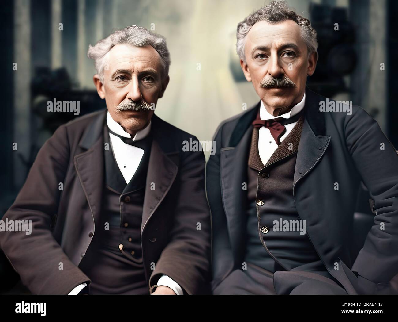 The Auguste Marie Louis Nicolas Lumière brothers were two French entrepreneurs, inventors of the film projector and among the first filmmakers in hist Stock Photo